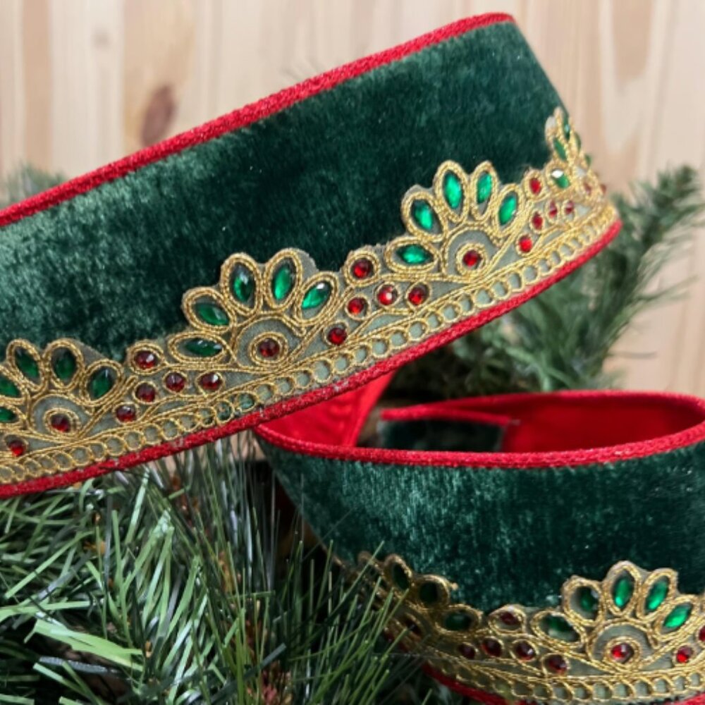 Green Scrolled Jewel Velvet Ribbon Christmas Trim Trimming Craft Supplies - Picture 2 of 6